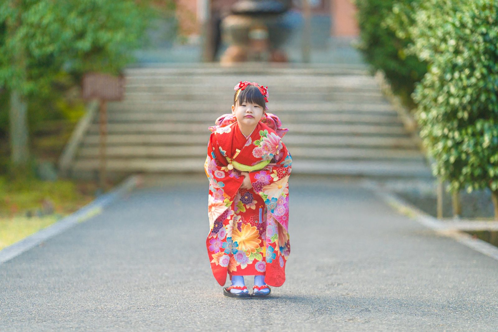 参道でおじぎをする赤い着物の女の子